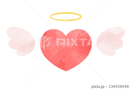 天使の羽と輪がついたシンプルなハートの手描き水彩イラスト 赤	 134550549
