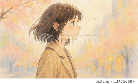 桜の舞う春の街を歩く女性の水彩イラスト 134550697
