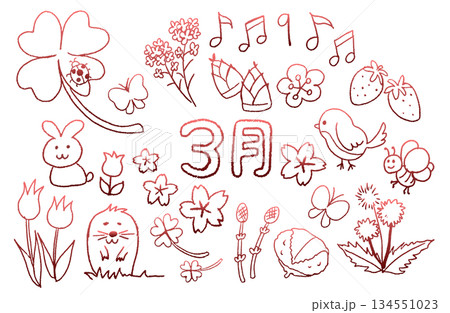 3月の手描きイラスト素材・動物と食べ物と花のセット・線画 3月の手描きイラスト素材・動物と食べ物と花のセット・線画 134551023