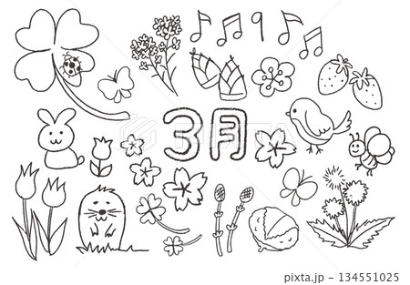 3月の手描きイラスト素材・動物と食べ物と花のセット・モノクロ 134551025