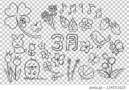 3月の手描きイラスト素材・動物と食べ物と花のセット・モノクロ 134551025