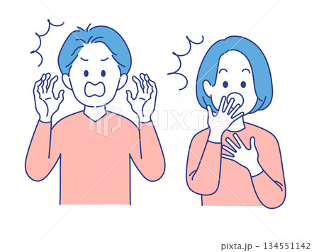 成人男女　表情　イラスト　びっくり　ポーズ 134551142