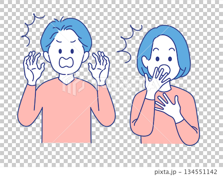 成人男女　表情　イラスト　びっくり　ポーズ 134551142