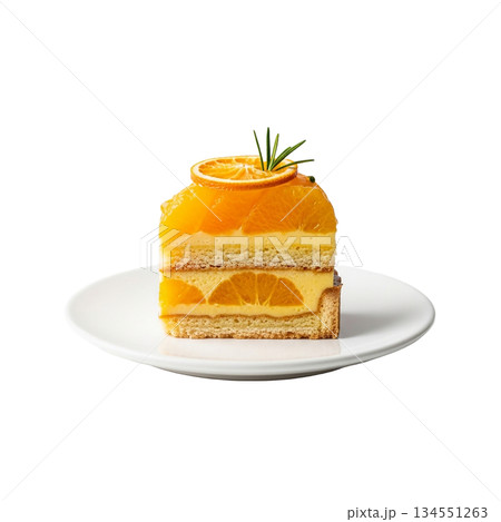 ローズマリーを添えたパティシエ特製のオレンジムースケーキ 134551263