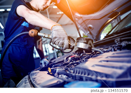 Car mechanic change engine oil. Car repair. Service station 134551570