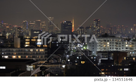 鷺沼北公園（川崎市）から見た東京タワー、東京・六本木の高層ビル群を中心とした夜景 134551646