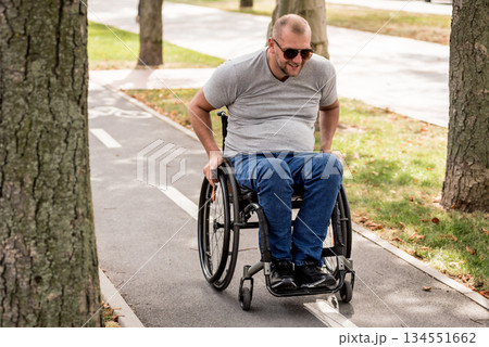 Handicapped man in wheelchair walk at the park alley Handicapped man in wheelchair walk at the park alley 134551662