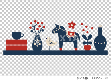 一張簡潔的新年賀卡插圖，描繪了一個斯堪的納維亞風格的室內書架和一匹達拉納馬。 134552076