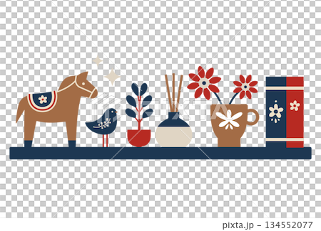 一幅描繪斯堪的納維亞風格室內書架的平面插畫，書架上擺放著一匹達納爾木馬，充滿生機。 134552077