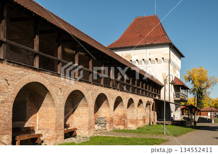 Historic Transylvanian Fortress Targu Mures Defensive Walls and Arches Under Clear Sky 134552411