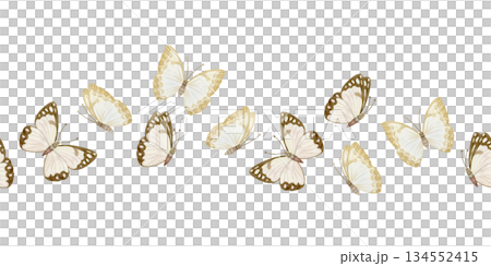 Pastel beige butterflies watercolor seamless border on white. Simple insects flying in the wave row for cute monochrome designs and baby nursery rooms in neutral colors. Minimalist repeat banner Pastel beige butterflies watercolor seamless border on white. Simple insects flying in the wave row for cute monochrome designs and baby nursery rooms in neutral colors. Minimalist repeat banner 134552415
