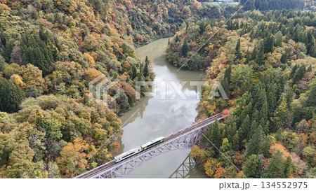福島県 三島町│只見川の渓谷と紅葉の鉄道風景│水鏡 134552975