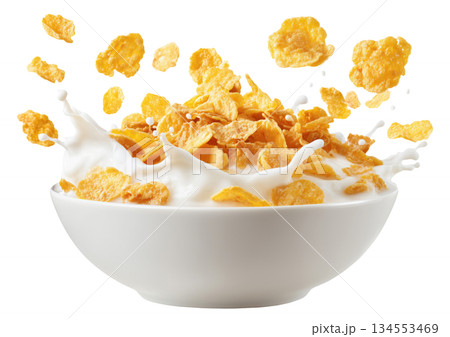 Cornflakes Pouring into White Bowl 134553469
