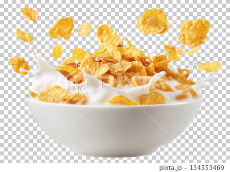 Cornflakes Pouring into White Bowl 134553469