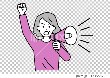 Elderly woman protesting with a loudspeaker 134553798
