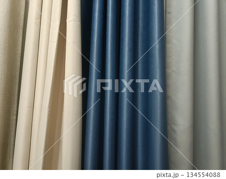 Curtain fabric textile blue beige interior drapery flow softly creating calm modern home decor accent wall 134554088