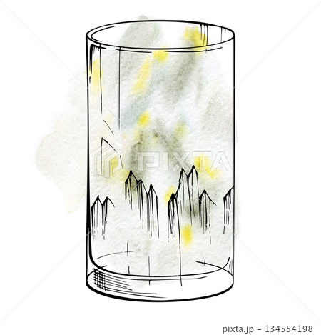 Fresh Mojito lemonade in tall highball collins glass, clear vodka, tequila, water with lemon or lime pulp. Hand drawn mixed ink and watercolor illustration. Bar drink labels, refreshing summer design. 134554198