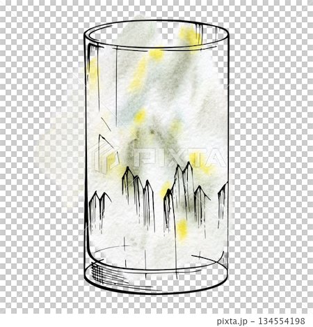 Fresh Mojito lemonade in tall highball collins glass, clear vodka, tequila, water with lemon or lime pulp. Hand drawn mixed ink and watercolor illustration. Bar drink labels, refreshing summer design. Fresh Mojito lemonade in tall highball collins glass, clear vodka, tequila, water with lemon or lime pulp. Hand drawn mixed ink and watercolor illustration. Bar drink labels, refreshing summer design. 134554198