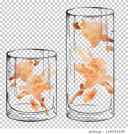 Rocks tumbler, highball collins cocktail glasses with tea, coffee, juice or amber alcoholic drinks, liqueurs. Mixed media watercolor ink artwork for bar illustrations, craft branding, recipe cards. 134554199