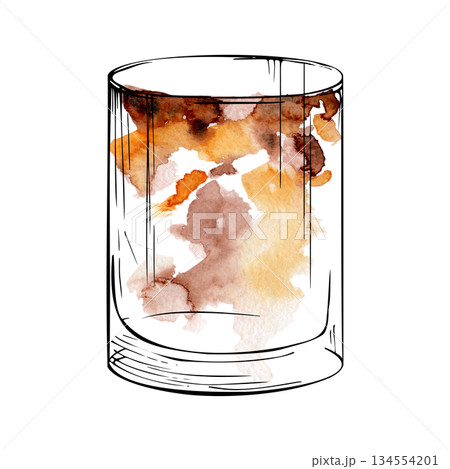 Bourbon, rum or whisky Old Fashioned, Cuba libre in rocks tumbler glass, negroni tea cocktail watercolor and ink illustration. Clipart for bar menus, product labels, mixology graphics, menu headers 134554201