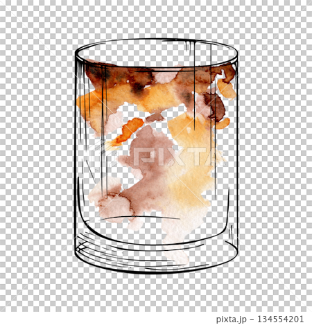 Bourbon, rum or whisky Old Fashioned, Cuba libre in rocks tumbler glass, negroni tea cocktail watercolor and ink illustration. Clipart for bar menus, product labels, mixology graphics, menu headers 134554201