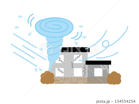 台風、竜巻の被害に遭う住宅のベクターイラスト 134554254