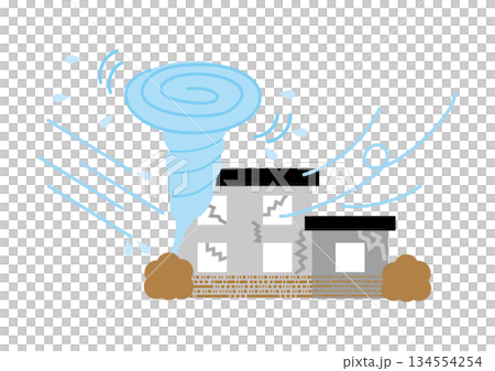 台風、竜巻の被害に遭う住宅のベクターイラスト 134554254