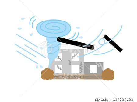 台風、竜巻で屋根が飛ぶ被害に遭う住宅のベクターイラスト 台風、竜巻で屋根が飛ぶ被害に遭う住宅のベクターイラスト 134554255