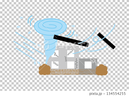 台風、竜巻で屋根が飛ぶ被害に遭う住宅のベクターイラスト 台風、竜巻で屋根が飛ぶ被害に遭う住宅のベクターイラスト 134554255