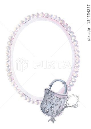 Pearl frame, space, metal lock, key in the foreground. Hand-painted vintage watercolor illustration isolated on white for vintage party invitations, romantic events, branding, elegant stationery Pearl frame, space, metal lock, key in the foreground. Hand-painted vintage watercolor illustration isolated on white for vintage party invitations, romantic events, branding, elegant stationery 134554287