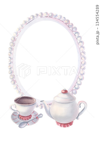 Pearl frame, space for text, teapot, tea set in the foreground. Hand-painted watercolor illustration isolated on white background. Perfect for tea party invitations, card, branding, elegant stationery 134554289