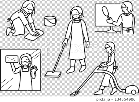 一組描繪一位四十多歲女性打掃房屋的插圖——僅線條畫 134554906