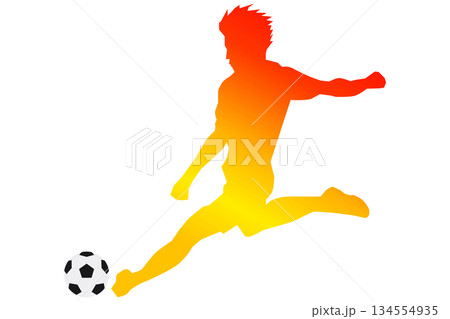 赤から黄色のグラデーションで表現したサッカー選手のキックシルエットベクター 134554935