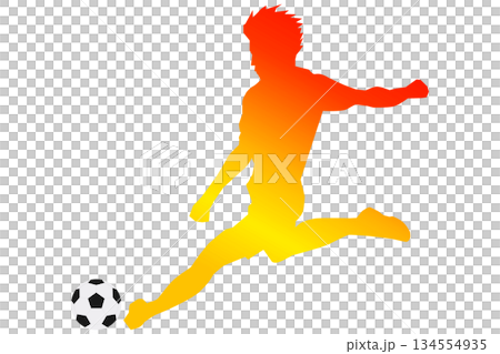 足球員踢球剪影向量圖,紅色到黃色的漸變 足球員踢球剪影向量圖,紅色到黃色的漸變 134554935