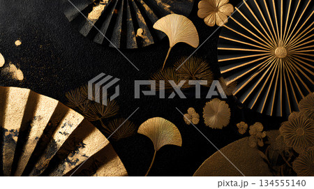 黒と金の和モダン背景 扇と銀杏の高級デザイン 134555140