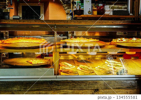 Pizza Cafe Window Display in Evening Light 134555581