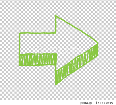 Hand-drawn, loosely-styled, three-dimensional arrow illustration in yellow-green 134555649