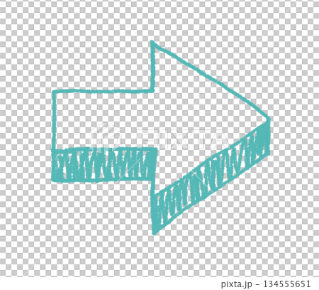 Hand-drawn, relaxed, three-dimensional arrow illustration in light blue 134555651