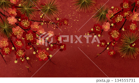 赤背景に梅と松が咲く華やかな和風背景 赤背景に梅と松が咲く華やかな和風背景 134555731