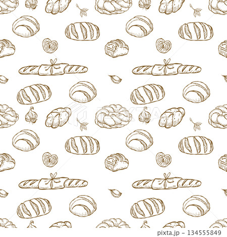 Hand drawn bread and baking seamless pattern with vintage line illustrations 134555849