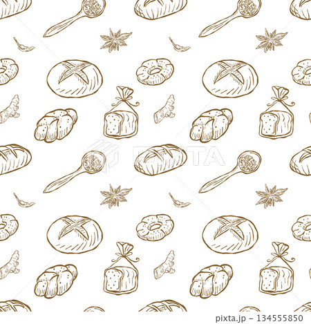 Vintage hand drawn bakery bread seamless pattern in outline style 134555850