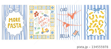 Italian la Dolce Vita cartoon summer poster set. Vacation in Italy. Vector Mediterranean card collection Italian la Dolce Vita cartoon summer poster set. Vacation in Italy. Vector Mediterranean card collection 134555978