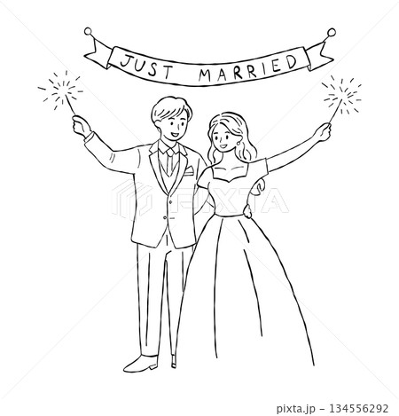 Happy wedding couple holding sparklers hand drawn doodle vector, romantic bride and groom just married celebration sketch illustration Happy wedding couple holding sparklers hand drawn doodle vector, romantic bride and groom just married celebration sketch illustration 134556292