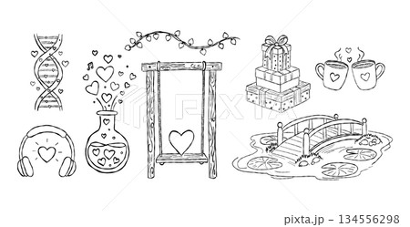 Romantic garden swing and pond bridge valentine hand drawn doodle vector, love potion bottle and DNA hearts sketch illustration, gift elements 134556298