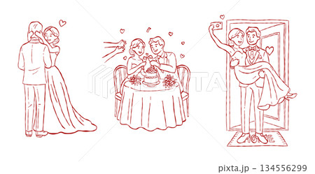 Wedding couple celebration set with bride and groom dinner, carrying bride over threshold, and surprise eyes covered hand drawn doodle vector Wedding couple celebration set with bride and groom dinner, carrying bride over threshold, and surprise eyes covered hand drawn doodle vector 134556299