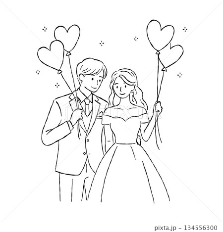 Happy wedding couple holding heart balloons hand drawn doodle vector, romantic bride and groom bridal celebration sketch illustration, love elements Happy wedding couple holding heart balloons hand drawn doodle vector, romantic bride and groom bridal celebration sketch illustration, love elements 134556300