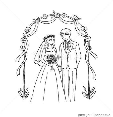Wedding couple standing under floral arch ceremony hand drawn doodle vector, romantic bride and groom marriage sketch illustration 134556302