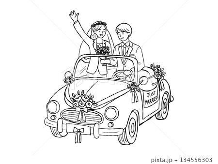 Just married couple in convertible car waving valentine hand drawn doodle vector, romantic bridal getaway auto sketch illustration Just married couple in convertible car waving valentine hand drawn doodle vector, romantic bridal getaway auto sketch illustration 134556303