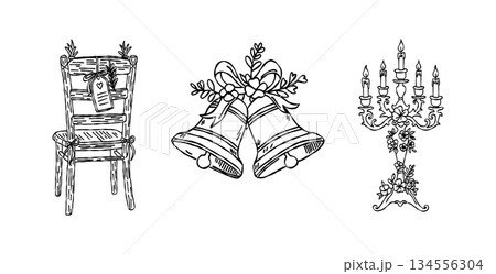 Wedding bells and floral candelabra valentine hand drawn doodle vector, romantic rustic ceremony chair sketch illustration, minimalist love elements 134556304
