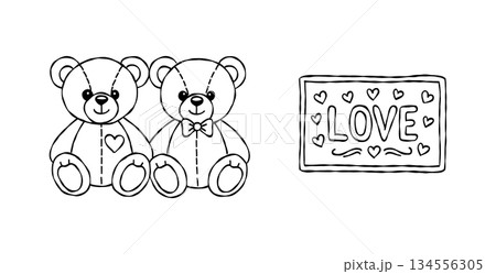 Cute teddy bear pair and love sign valentine hand drawn doodle vector, romantic stuffed animal sketch illustration, minimalist heart elements 134556305
